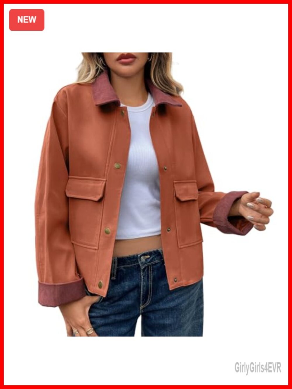 Cropped Jacket Contrast Collar Utility Button Down Barn Jacket Fall Casual